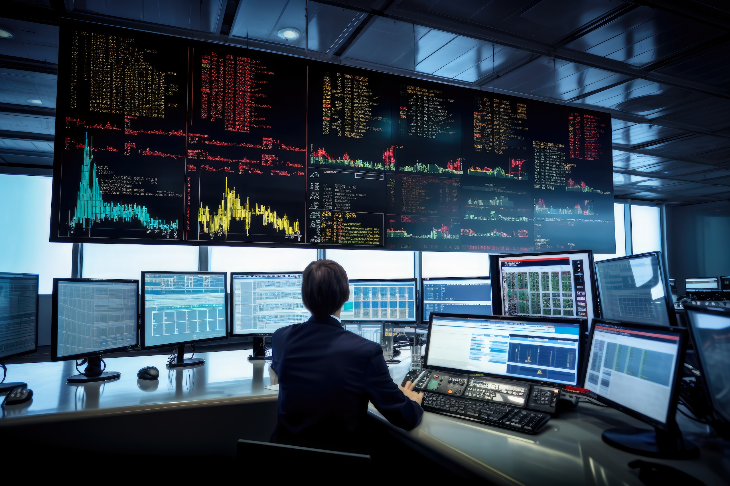 Oil and gas trading floor with traders analyzing charts, monitoring prices, and making deals, generative ai